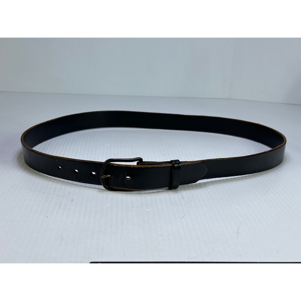 Mens Black Full Grain Leather Belt Vintage Workwear Style Antique Brass Buckle